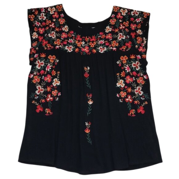 Savanna Jane Tops - Savannah Jane Women's Embroidered Floral Black Rayon Sleeveless Top Size Small